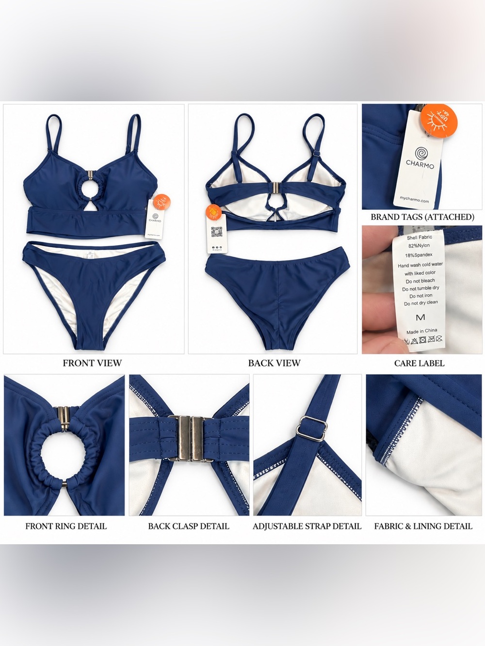 CHARMO Women’s M Navy Blue Bikini Set Ring Detail High Waist NWT Swimsuit